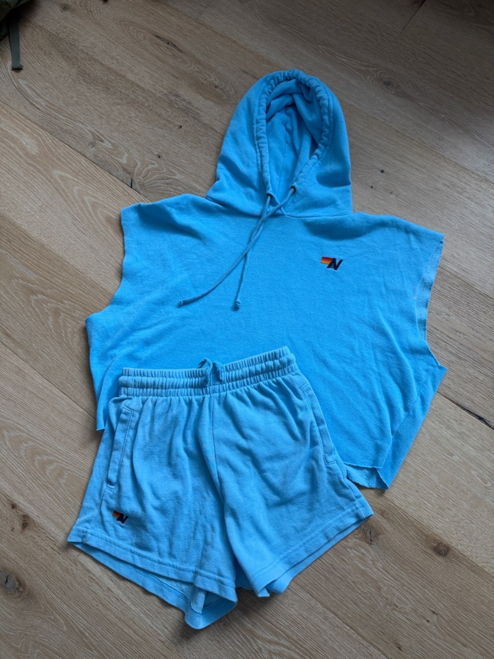 Aviator Nation Light Blue Terry Cloth Hoodie Crop & Shorts Set